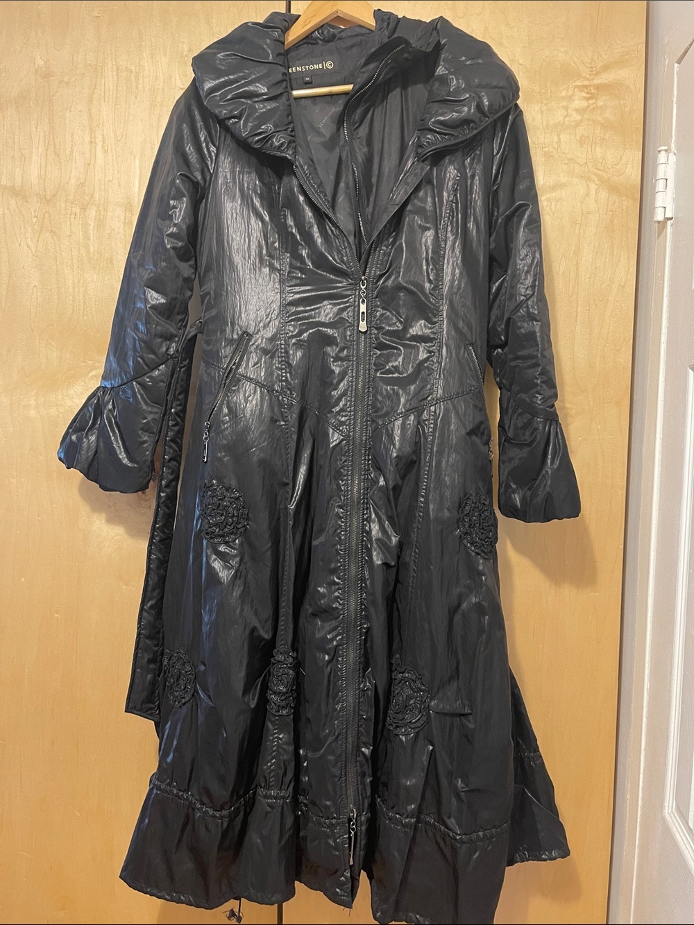 Women's Black Hooded Long Trench Coat with Rosette Detail
